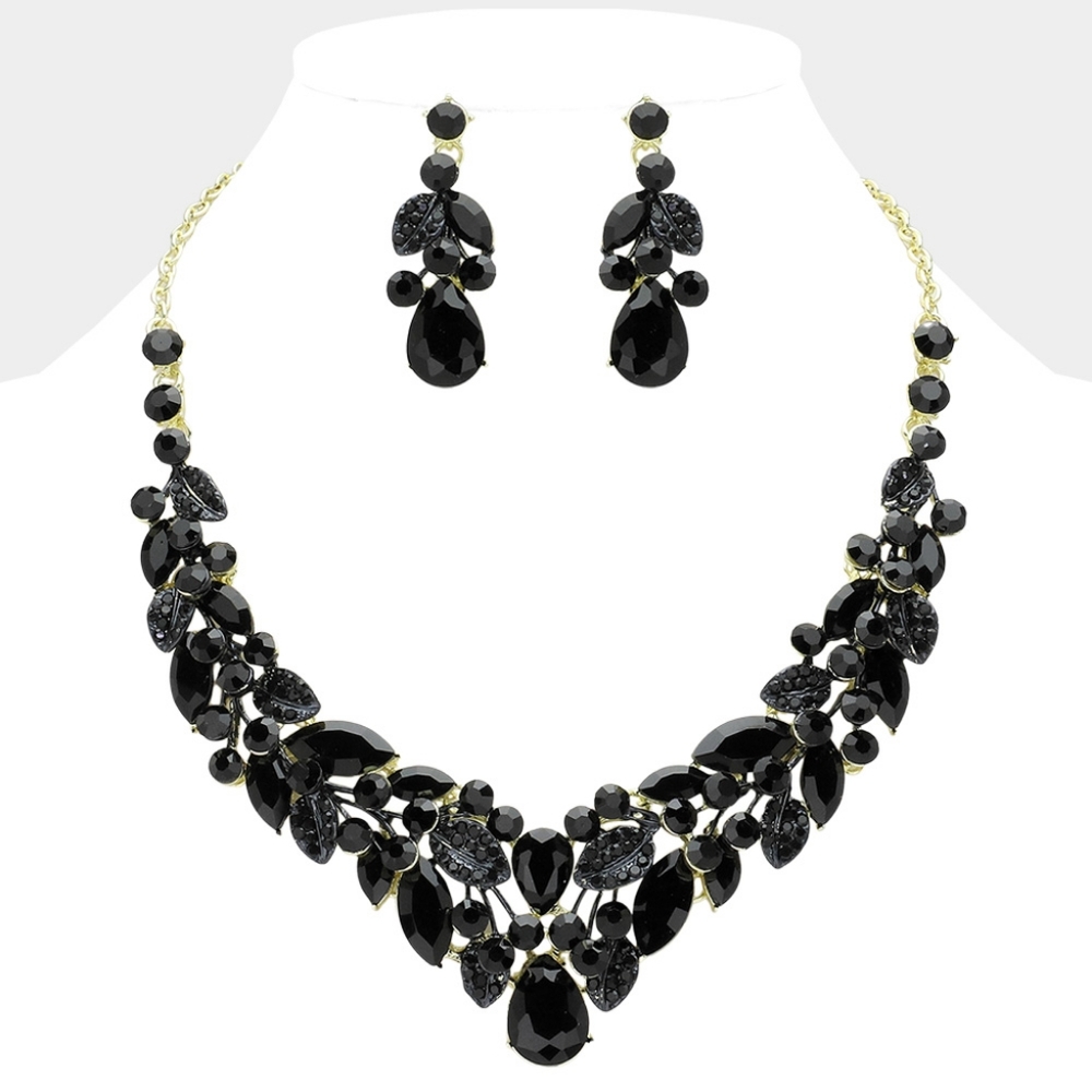 Black Crystal Marquise Cluster Teardrop Stone Evening Statement Necklace Set